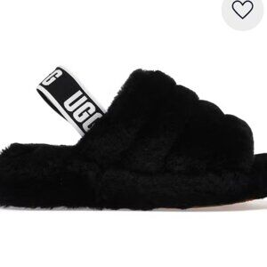 UGG Black Fluffy Open-Toe Slides Slippers
